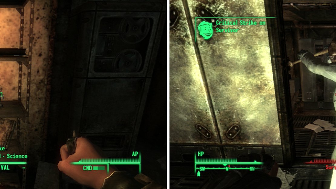 Be sure to pick up the Bobblehead - Science (left) on your way through Vault 106. At the bottom of the Vault lurks the sole sane Survivor (right). This evil scientist will employ illusions to aid them in combat.