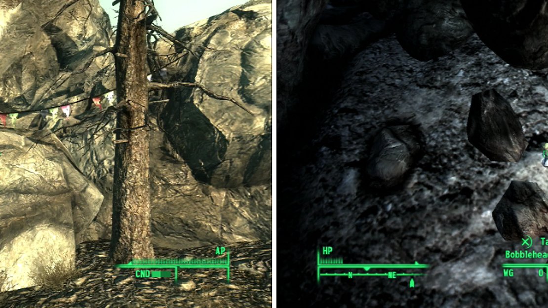 Rockopolis is well hidden, but if you follow my directions, you’ll spot the party flags marking the entrance soon enough (left). Inside awaits the Bobblehead - Unarmed (right).