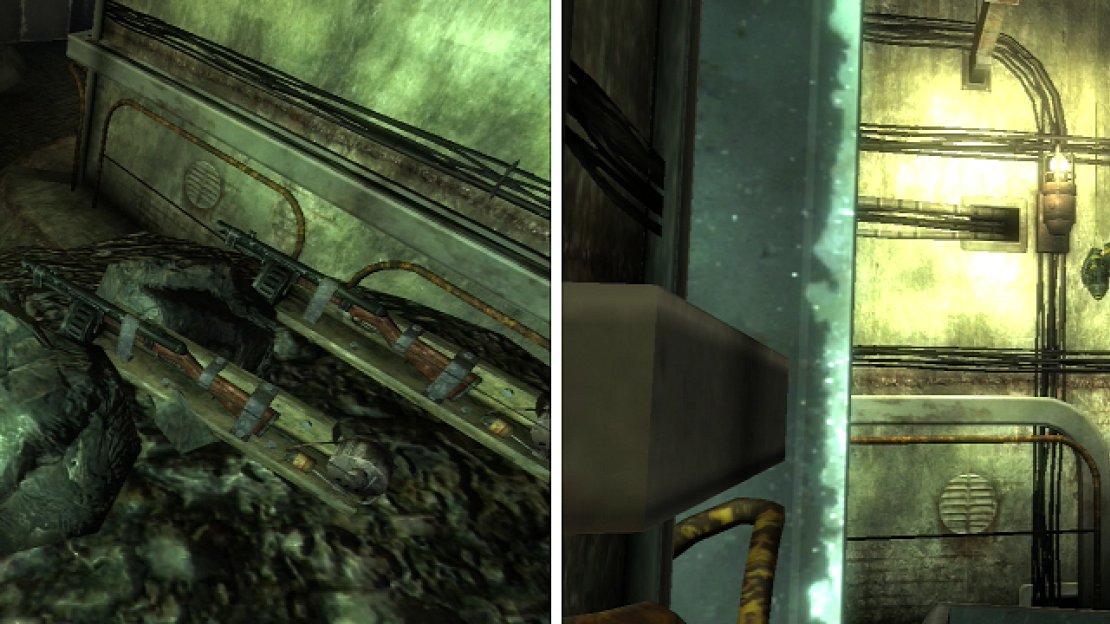 Pressure plates rigged to Combat Shotguns (left) are one of many traps you’ll find here. Carefully move the metal barrel to find the grenade bouquet that awaits the unwary (right).