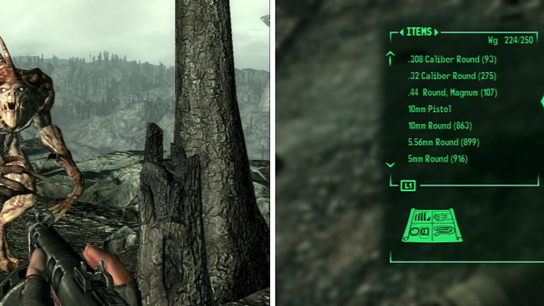Deathclaws are powerful foes (left), but if you can kill it, the Wasteland Settler is preyed upon can be looted for the Schematic - Deathclaw Gauntlet (right).