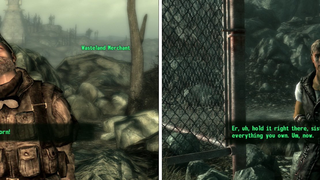 Has life returned to the Wasteland, or has this guy just been using too many chems (left)? Mel really just isn’t a very good mugger (right).