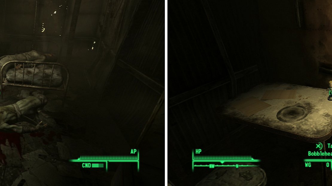 Not everbody survived The Family’s attack on Arefu, it seems (left). Be sure to “borrow” the Bobblehead - Repair (right) from Evan King’s house.