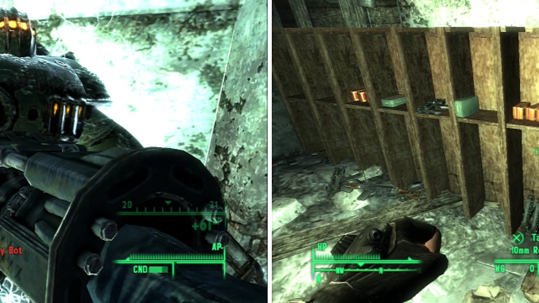 The Shocker can dispose of even the strongest of robots with… shocking… ease (left). A fully-stocked firing range is a welcome treat for any scavenger (right).