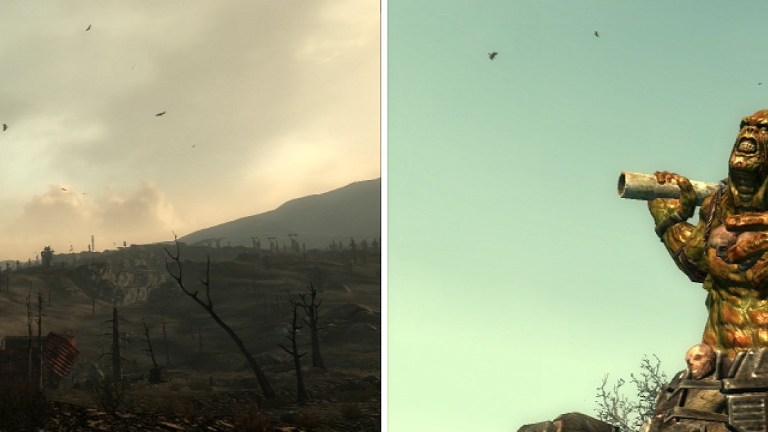 Vultures circling in the distance (left)… has to be a good sign, right? The Super Mutant Behemoth is a massive and powerful foe (right).