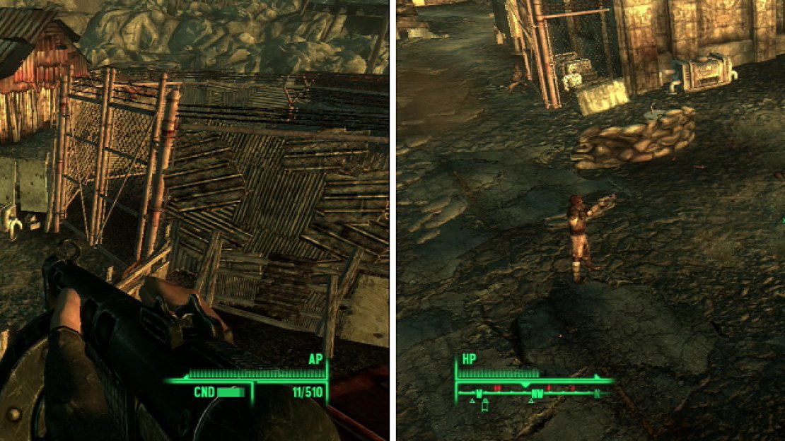 Shoot the generator near the Super Mutant Behemoth’s enclosure (left) and watch the resulting carnage (right)! (But seriously, don’t.)