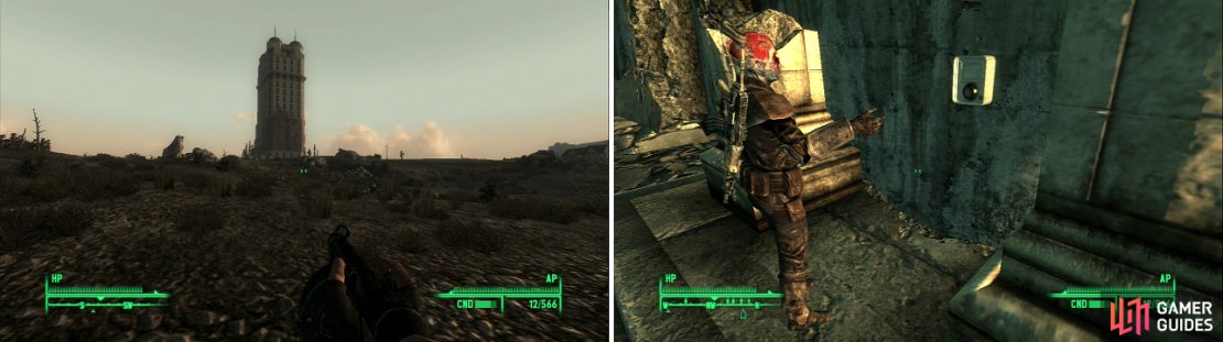 Tenpenny Tower dominates the skyline of the western Wasteland (left), but it isn&rsquo;t open to everyone (right).