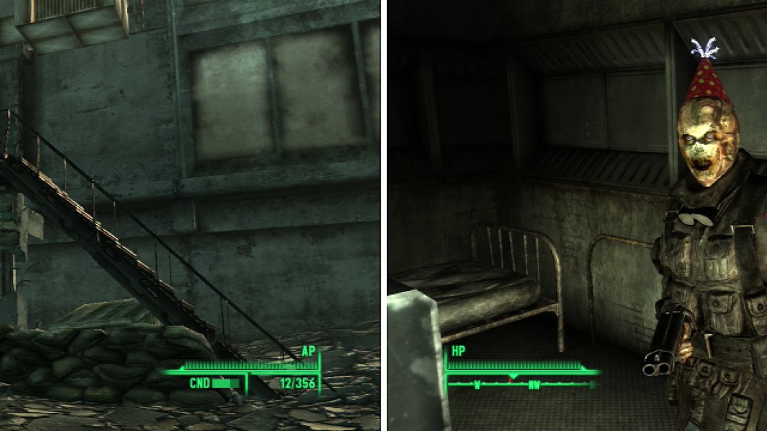 The Talon Company camp near Megaton can be difficult to find, if you don’t know where to look (left). Don’t let the Party Hat fool you, Gallo is not a friendly Ghouls (right).