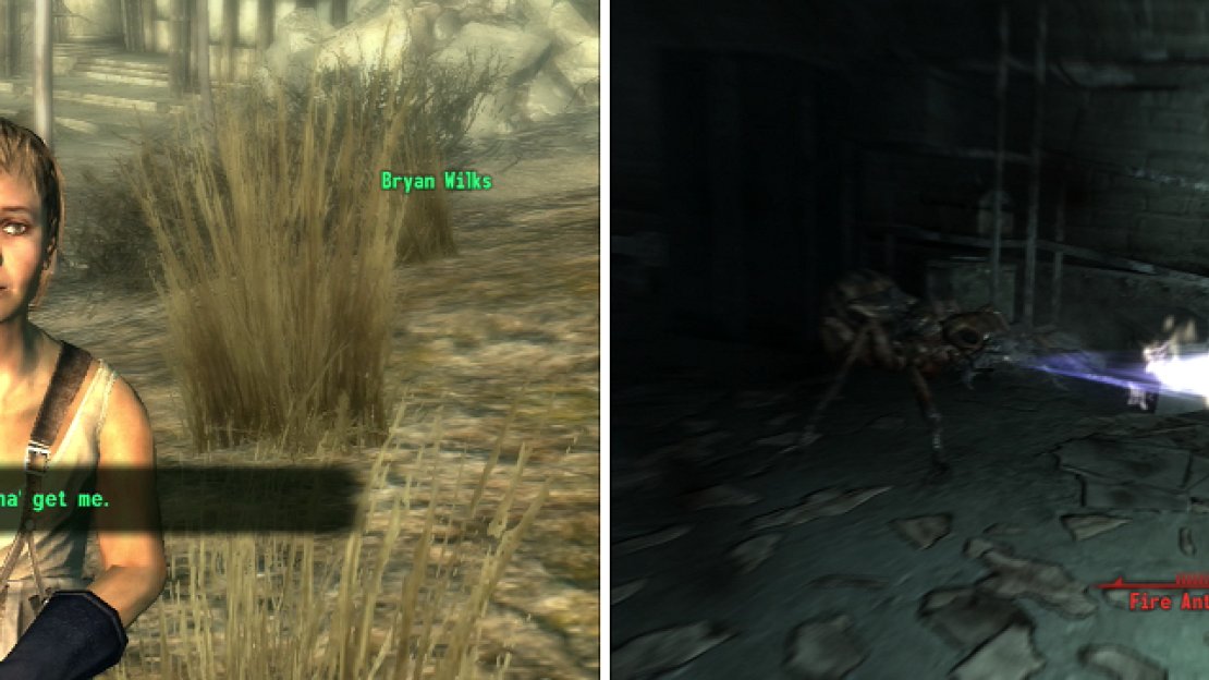Bryan Wilks claims “monsters” destroyed his home (left). That doesn’t excuse him from being the most annoying NPC in the game. The pests infesting Grayditch are only too willing to show off why they’re called “Fire Ants” (right).