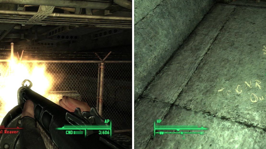 You can open locked doors, but Ghouls cannot. Use this to your advangage (left). Following the Brotherhood’s markings will help you find your way to the GNR Outpost (right).