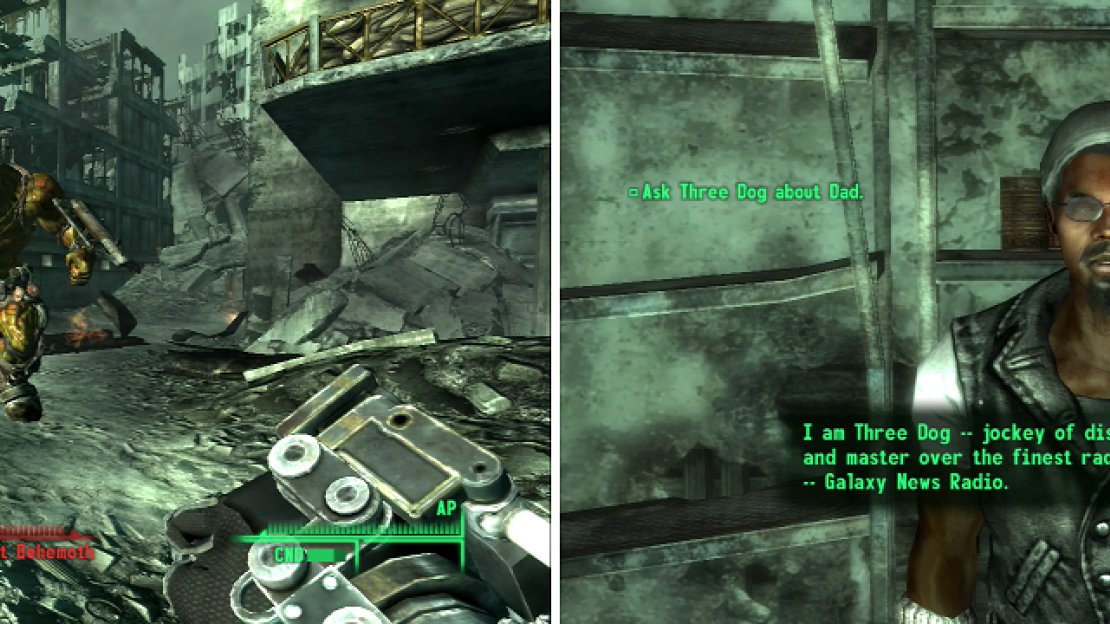The Brotherhood of Steel might be strong, but they’re no match for a Super Mutant Behemoth (left). Your reward for fighting your way through to GNR? A face-to-face meeting with Three Dog (right)… and maybe some answers.