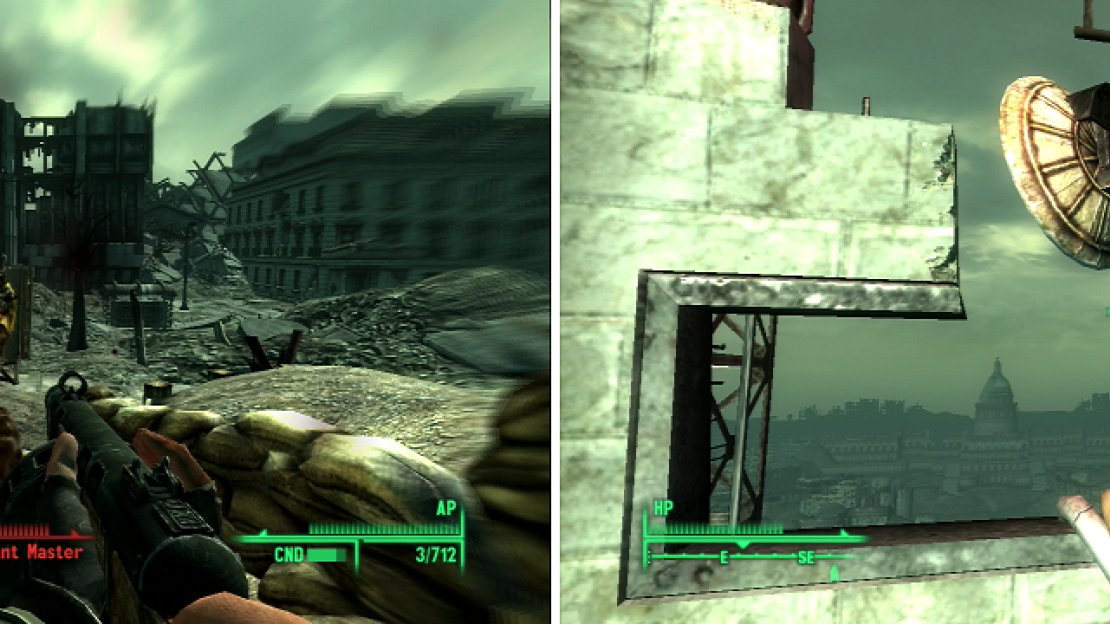 The Mall is over-run with Super Mutants, who will put up fierce resistance in the trenches (left). Install the Virgo II Communcations Dish on the Washington Monument to restore the voice of the people to the Wasteland (right).
