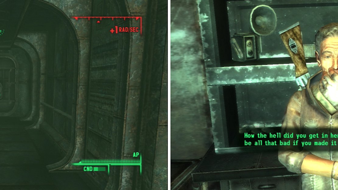 Without a Lockpick score of 100, you’re going to need to swim to reach the Broken Bow (left). Pinkerton is a most lucrative NPC-he’s got three skill books nearby, information that completes two quests, and will even perform some plastic surgery on you (right).