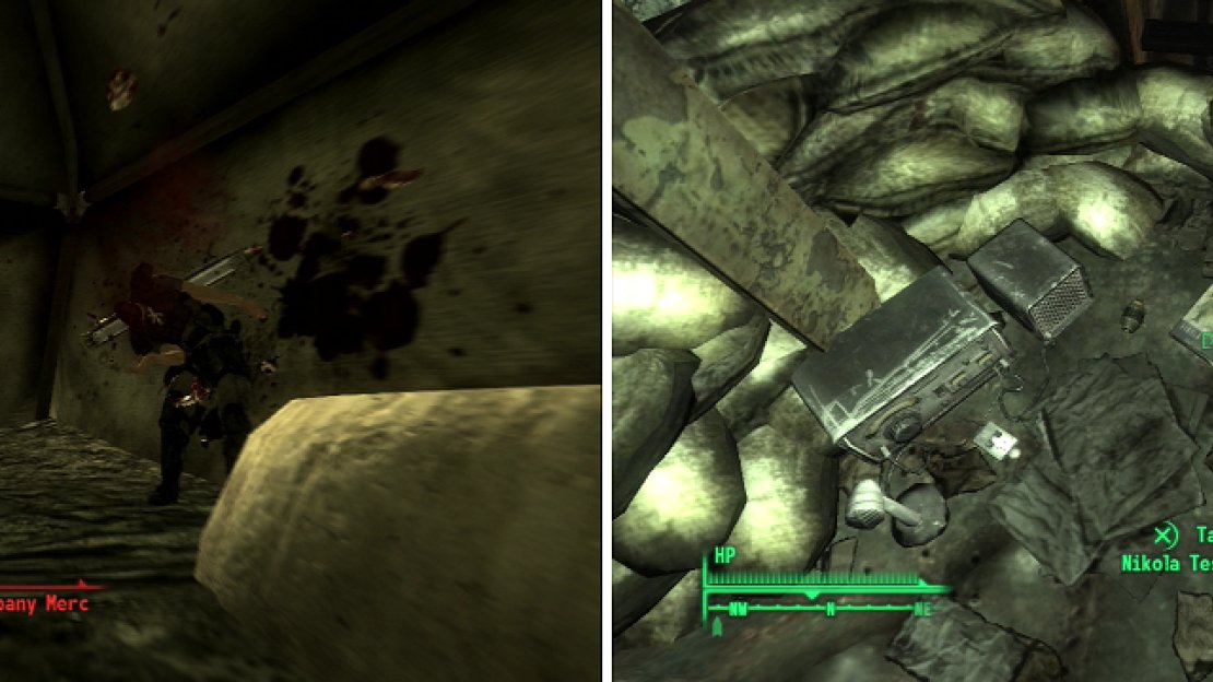 Sneak attacks with Combat Shotguns are the best way to deal with just about everything, including Talon Company Mercs with Missile Launchers (left). Drop down onto a metal shelter to obtain this copy of Nikola Tesla and You (right).