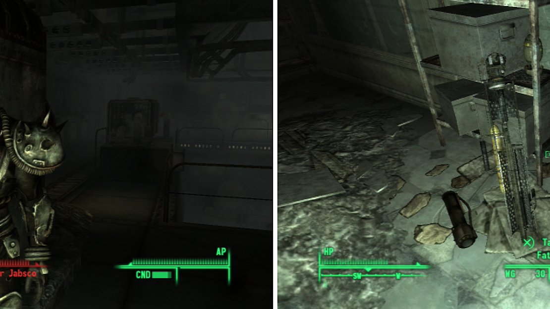 Commander Jabsco is the leader of the Talon Company Mercs in Fort Bannister (left). Your reward for clearing out Fort Bannister Main includes a Fat Man and a Big Book of Science (right).