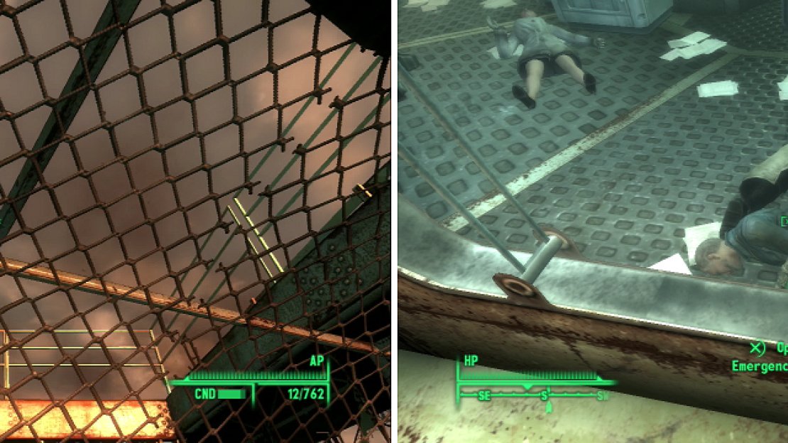 The Enclave’s arrival interrupts your work at a most inopportune time (left). Dad sacrifices his life rather than let his research be perverted by the Enclave (right)