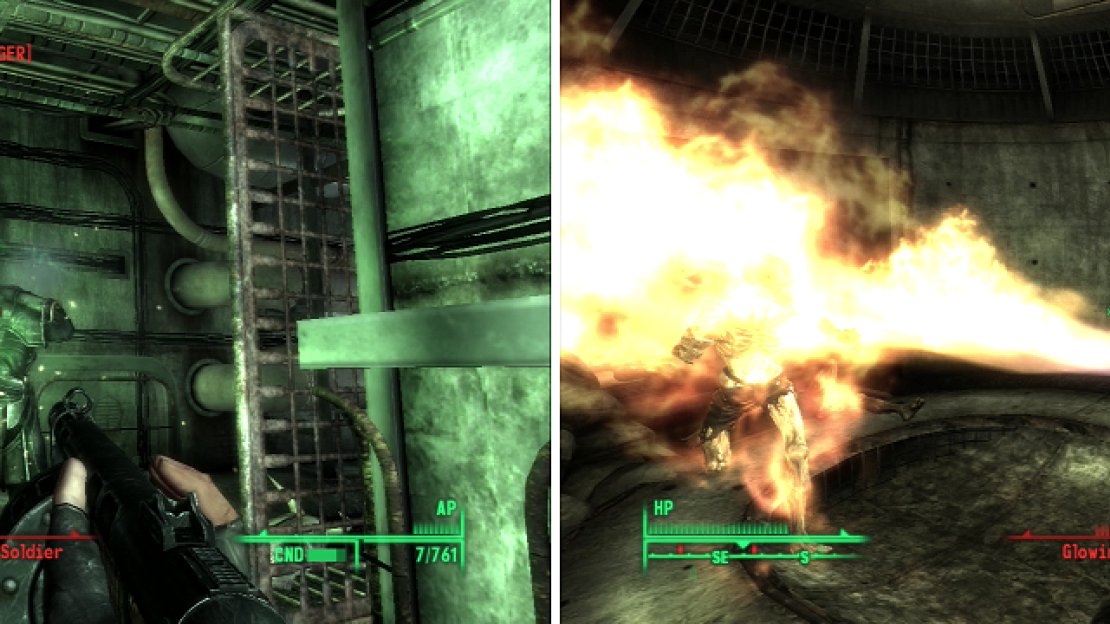 Although they have superior technology, the Enclave can be defeated with conventional weapons (left). Survive the Ghoul assault and escape the Taft Tunnel (right).