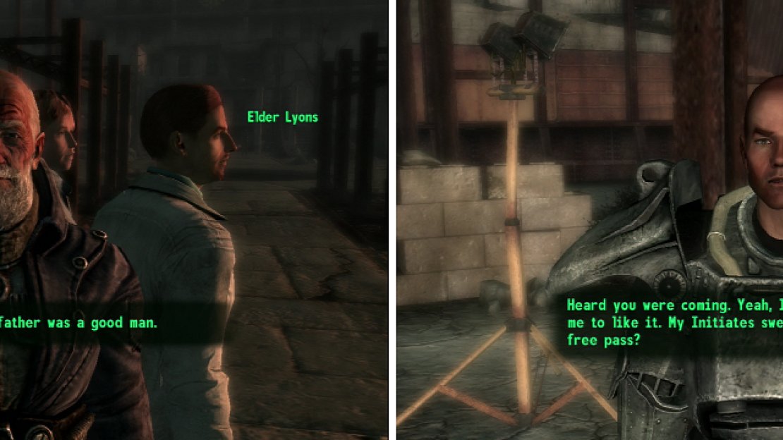 Elder Lyons leads the eastern chapter of the Brotherhood of Steel (left). Talk to Paladin Gunny to get some sweet, sweet Power Armor training (right).