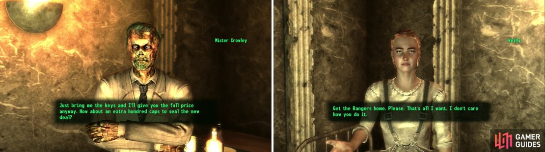 Mister Crowley wants you to secure some keys for him, and he&rsquo;s willing to pay you to kill for them (left). Reilly is in pretty bad shape, but if her rangers aren&rsquo;t rescued, they&rsquo;ll end up even worse off (right).