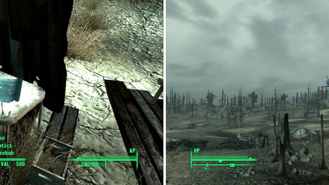 Grab the Schematic - Shishkebab off the Workbench (left) then shoot the Nuka-Cola Quantum off the roof (right).
