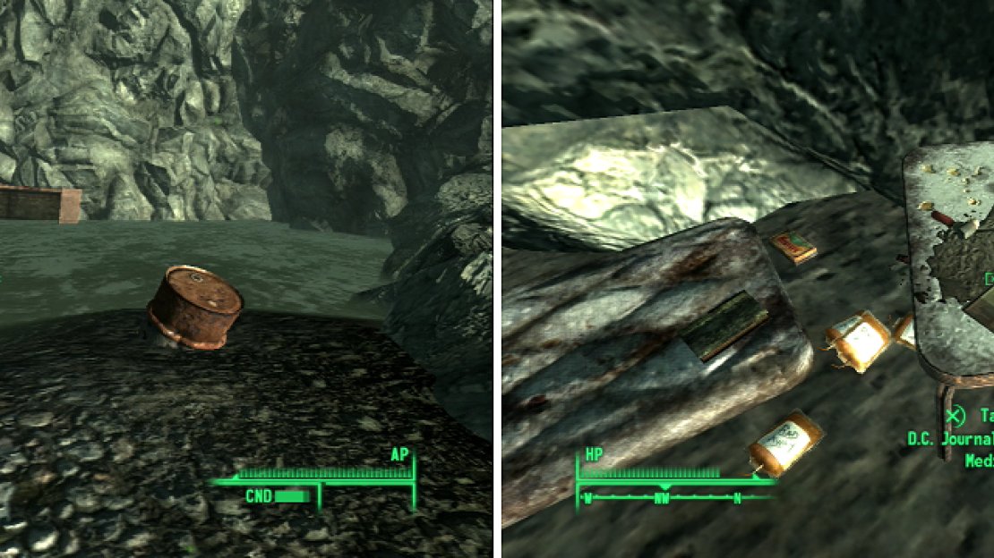 You’ll find this pond north, north-east of the MDPL-21 Power Station (left). Brave the Rads and swim behind the over-turned truck bed to find some loot (right).