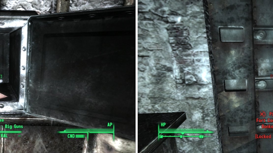 Grab the Bobblehead - Big Guns from inside an already unlocked safe (left). If you obtained all the keys Mister Crowley wanted, you’ll be able to access the bunker (right).