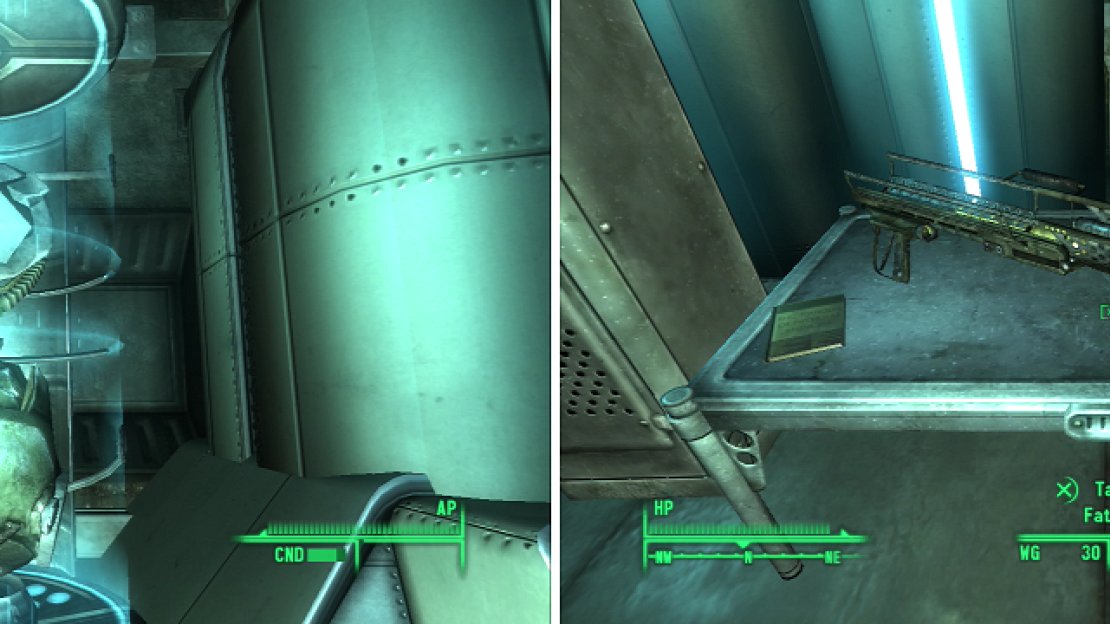 The T-51b Power Armor is the most valuable prize you’ll find in Fort Constantine… well, worth stealing a few keys for (left). A Fat Man, some Mini-Nukes, and a D.C. Journal of Internal Medicine aren’t a bad score, either (right).