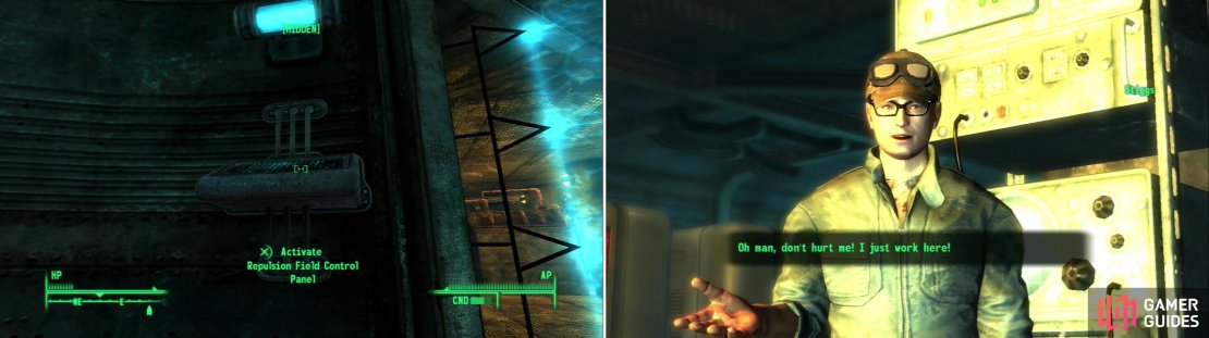 Navigating the Mobile Crawler will be easier if you have a high Science score, thanks to the Repulsion fields scattered about (left). Stiggs works for the Enclave against his will-if you have the Robotics Expert perk, he&rsquo;ll pass on some useful information (right).