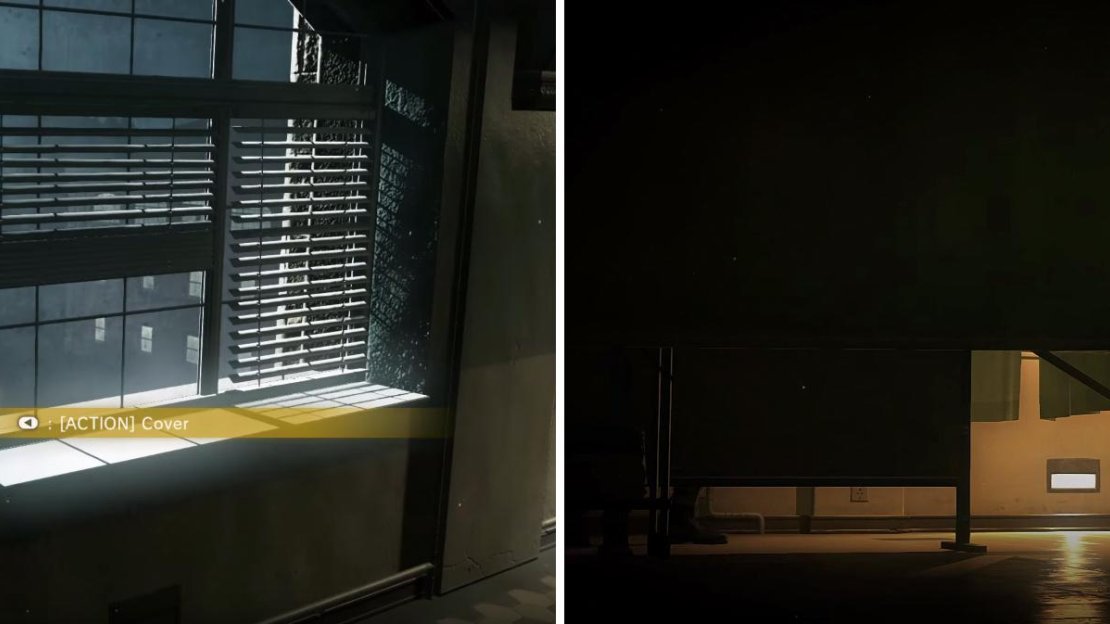 Bypass the searchlights by crouching (left). Later, hide behind the curtains to avoid the guards (right).