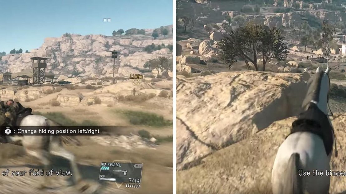 You can hide when on D-Horse (left), useful when running past enemy bases. Reconning an area (right) is pivotal to mission success. Find a high vantage point.