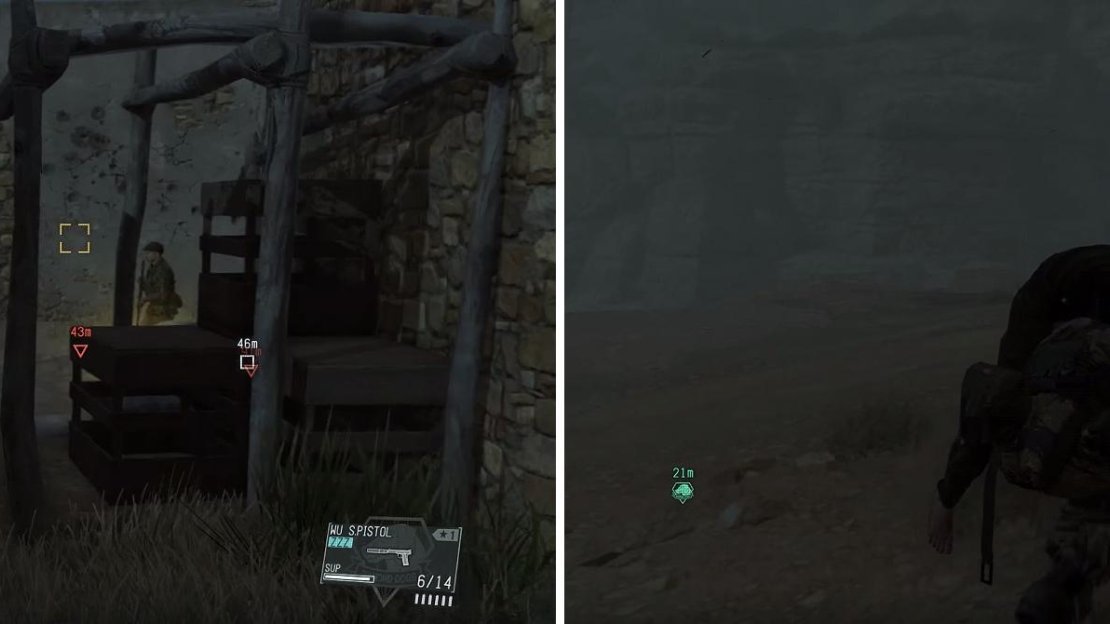 As you approach the building with Miller inside, watch out for guard patrols (left). When the Skulls appear, creep by the ones near the bridge (right) by creating a distraction.