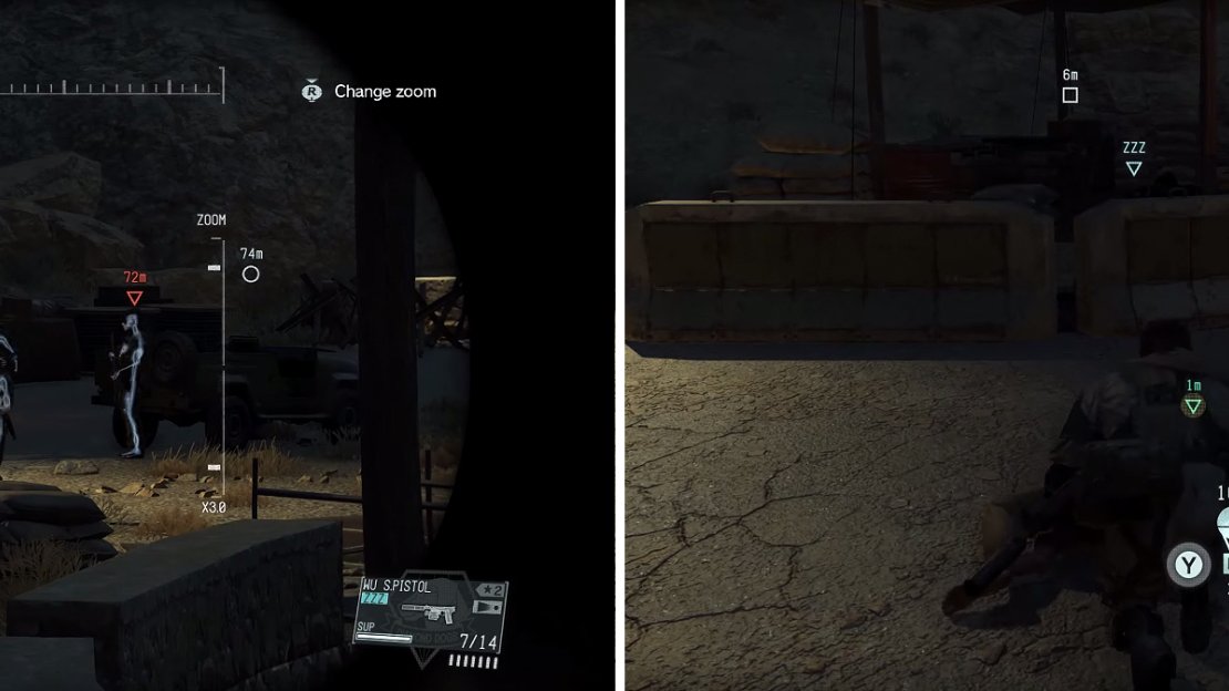 If you zoom in with your binoculars you can highlight the prisoner (left). You must take out all the soldiers nearby before you can extract him (right).