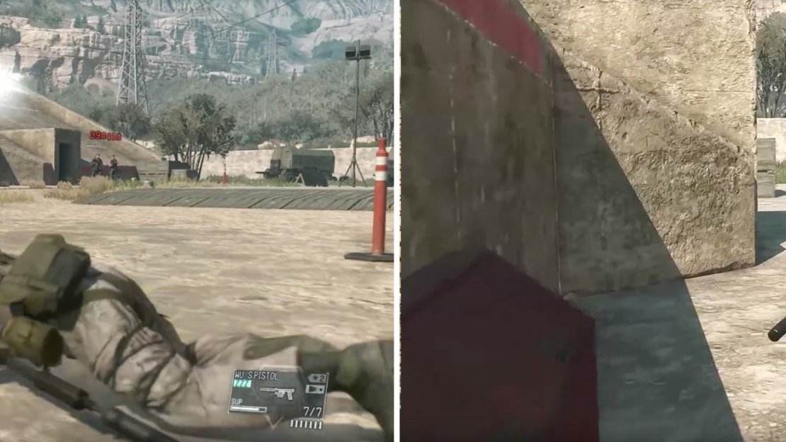 Crawl to avoid detection (left) then sneak behind the soldier guarding the entrance (right).