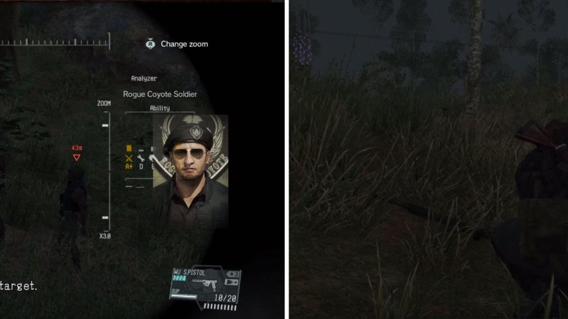 Identify the target (left). If you like, use your traq gun to carefully subdue the enemy or wait for the target to move on where there are less troops surrounding him (right).