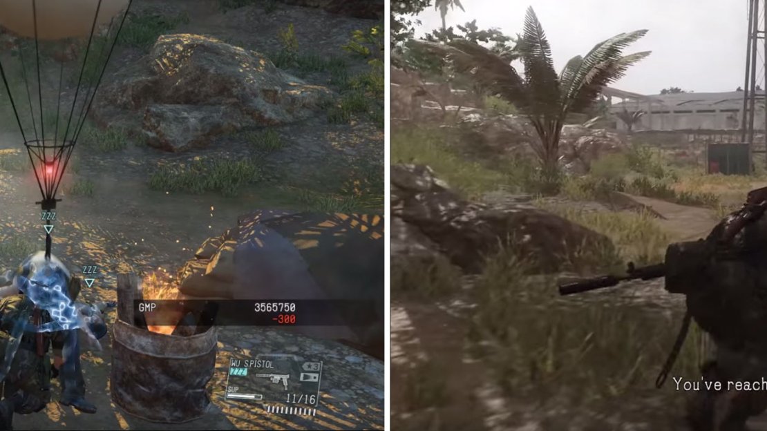 Take out the enemies at the guard tower (left) then enter the Ngumba Industrial Zone (right).