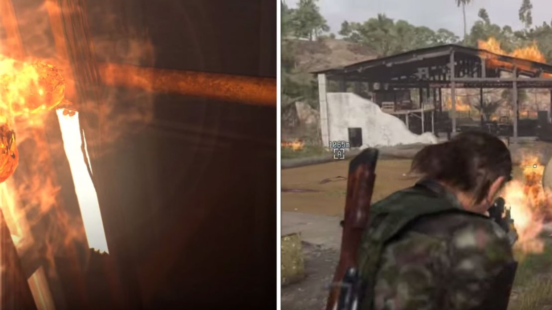 The Man on Fire appears (left). You can blast the gas tank to knock the Man on Fire into the pool of water (right).