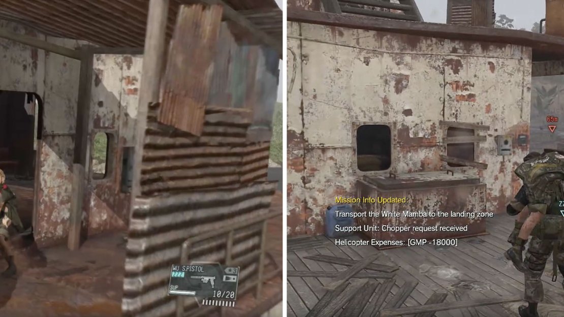 The White Mamba fight (left). After defeating him carry him to the chopper for extraction (right).