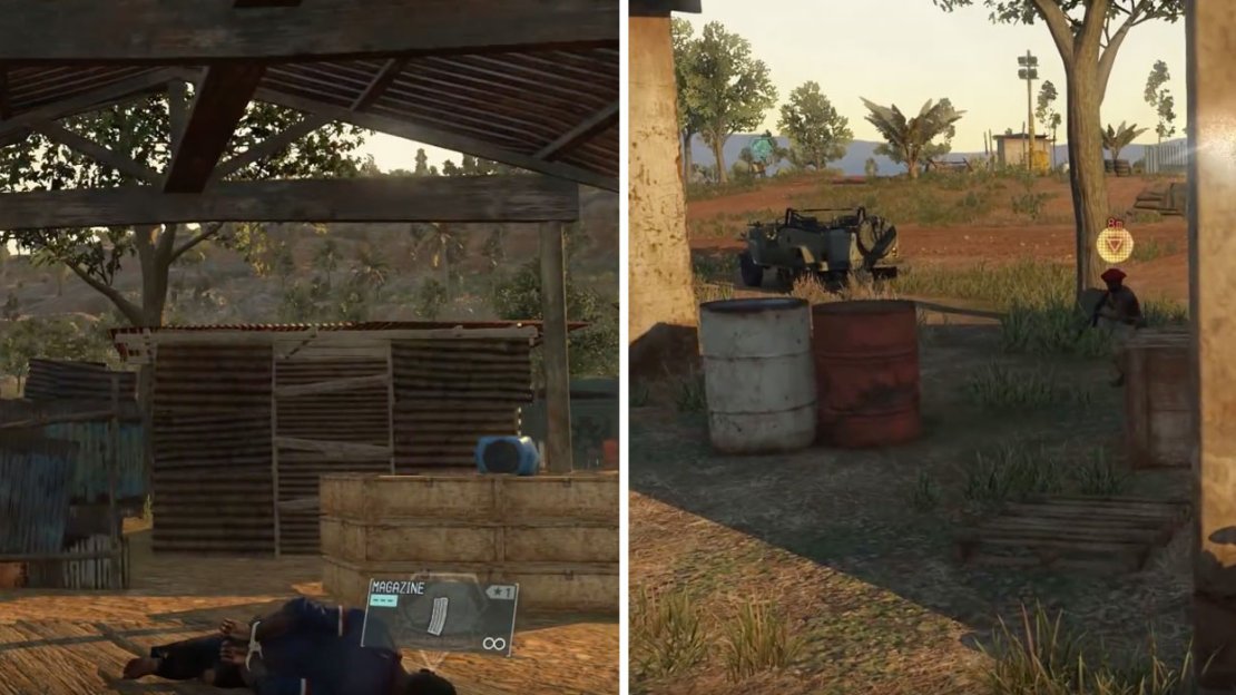 Try to distract the child guards and grab the prisoner (left) then move him somewhere safe before taking own the the child soldier leader (right).