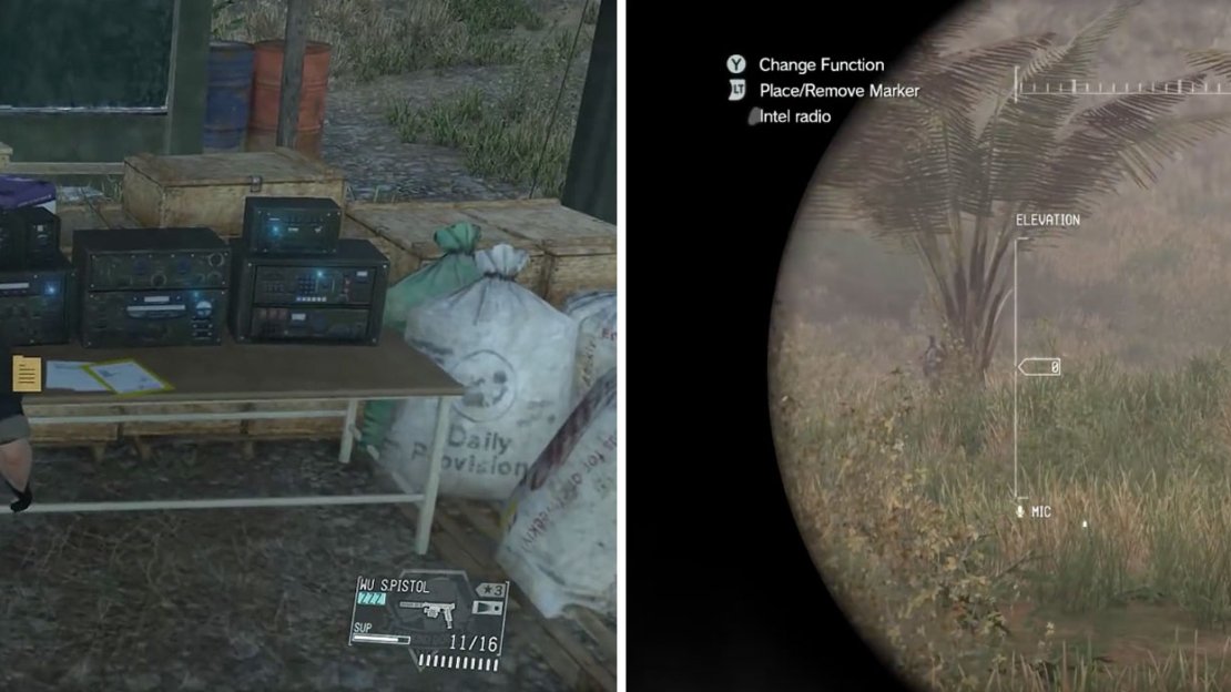 Locate the enemy documents by the radio tower (left) and then hunt for the target along the suggested route marked on the map (right).