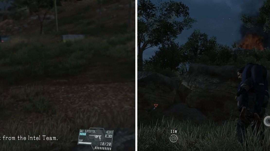 Catch up to the truck (or wait for it to explode) (left) and then carry the prisoner to the extraction point (right).