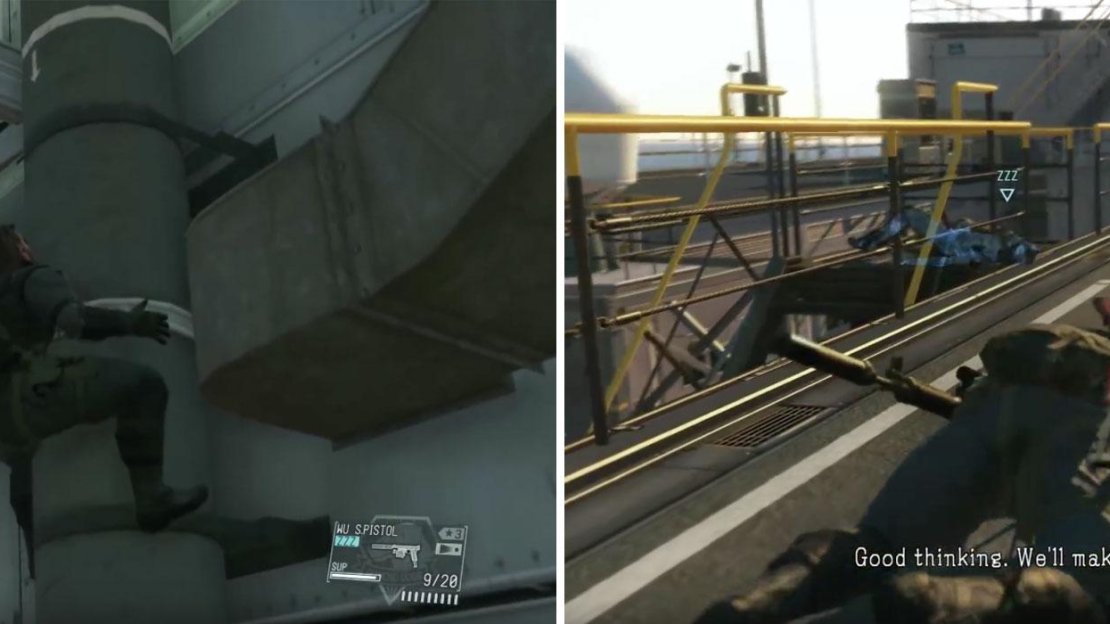 You can climb the pipe to stay hidden (left).When on the top deck you are required to stay low to the ground (right).