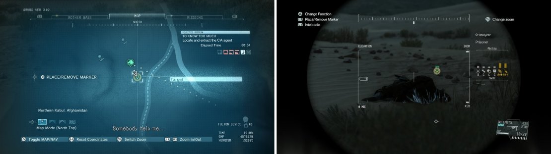 The location of the CIA agent on the map (left), where you’ll find him laying in the sand (right).