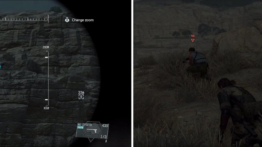 Look for the sniper on the cliff as you approach (left). Approach from behind his position and watch out for the other soldiers with him (right).