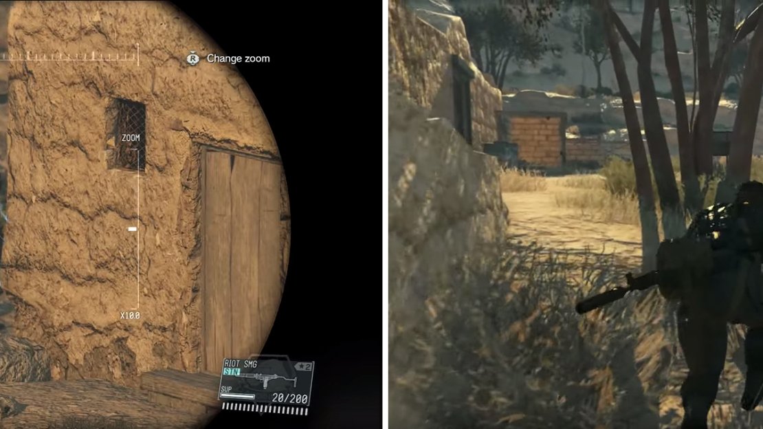 This one is usually found on patrol around the base (left). Mark enemies with your binoculars then creep up and take him down (right).