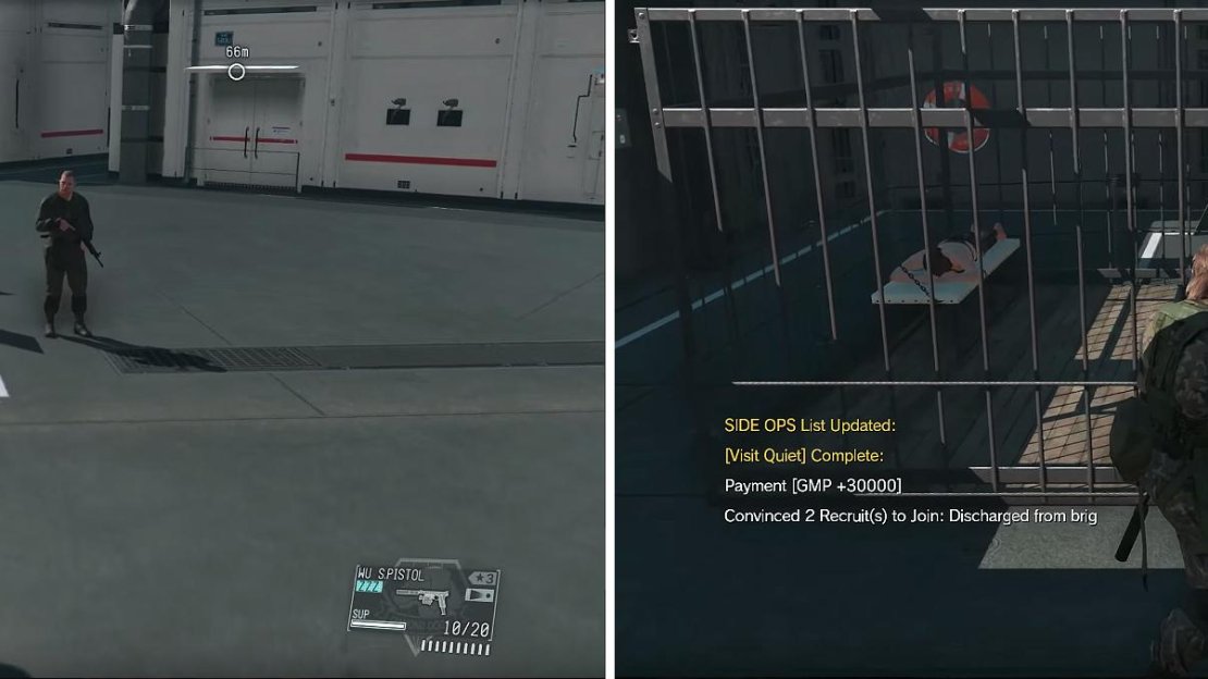 Take the stairs down to the cells (left) and then listen to Ocelot’s conversation about Quiet (right). Afterwards, she will be unlocked as a Buddy.