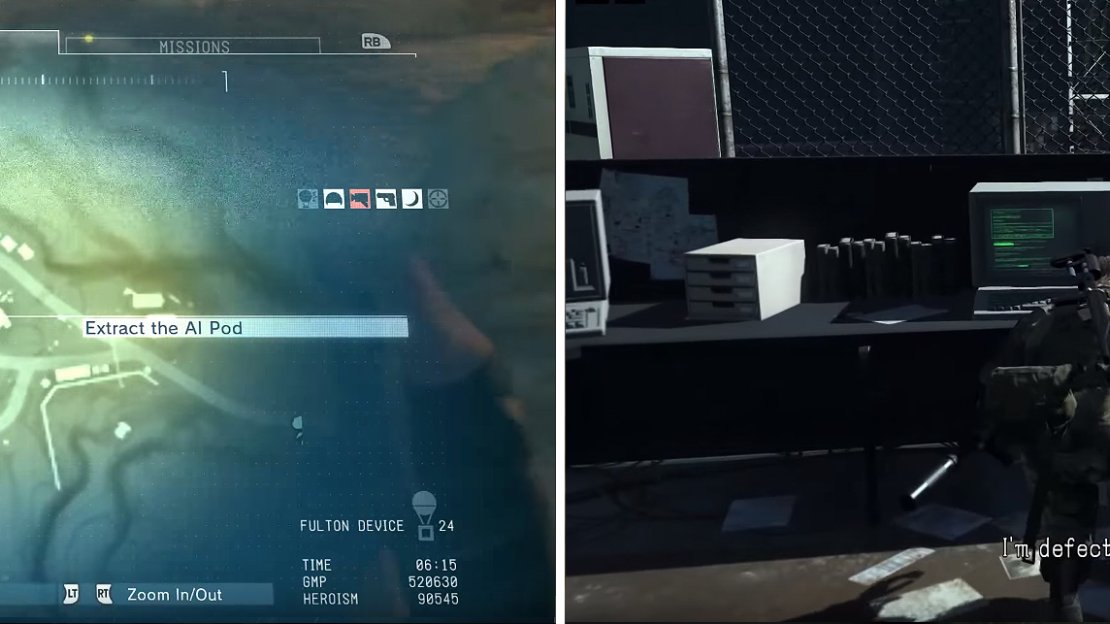 The AI Pod can be found in the larger eastern building (left). Approach the computer inside to access the Pod and a cutscene (right).