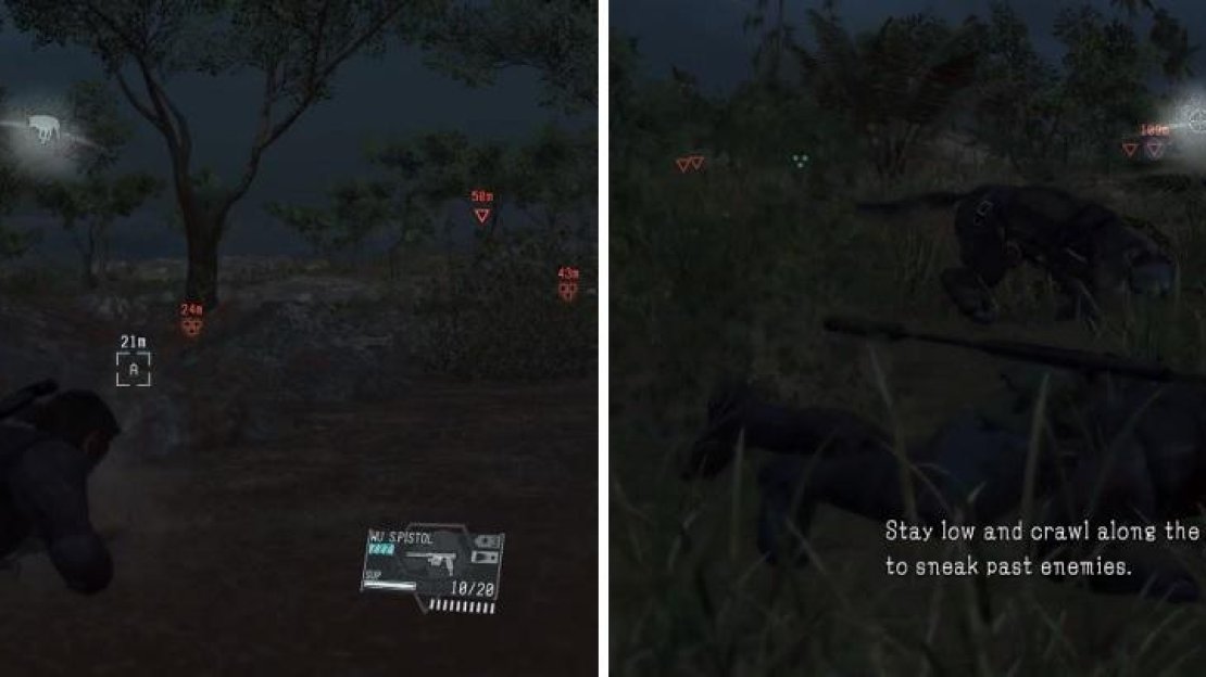 Be careful of the wild animals in the area (left), as they will attack you on sight. Snipers have a great field of vision (right), so if you see the white bar at the top, go prone immediately.