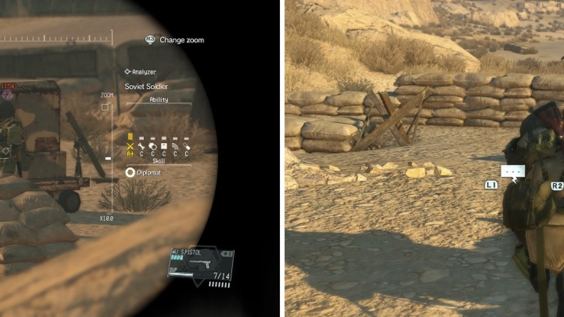 Heavy Infantry wear very thick armor (left), so they cannot be shot with tranq rounds. You’ll have to sneak up behind them (right) to knock them unconscious.