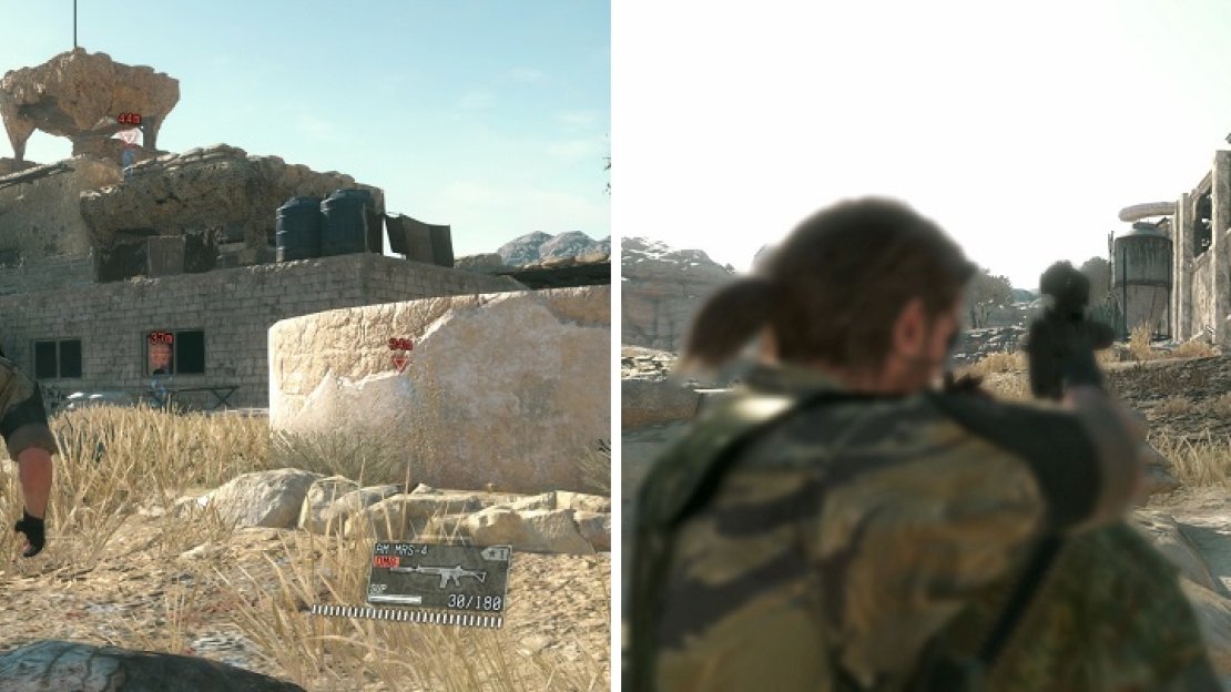 D-Dog’s primary function is to mark targets for you (left), but he can also attack enemies to help you in combat (right).