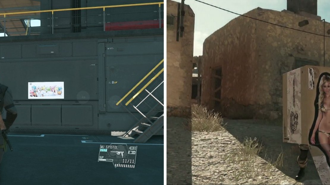 Posters are always found on walls in various places (left). You can attach them to cardboard boxes to have various effects on soldiers (right).
