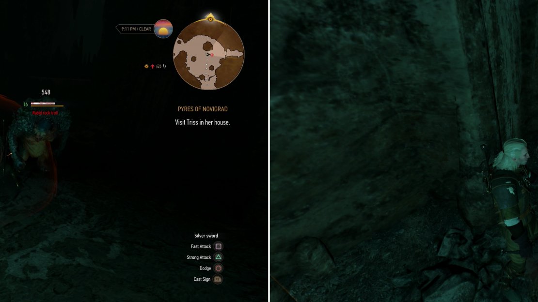 Defeat the Nekkers and the Rock Troll (left) then claim the treasures hidden in their cave (right).